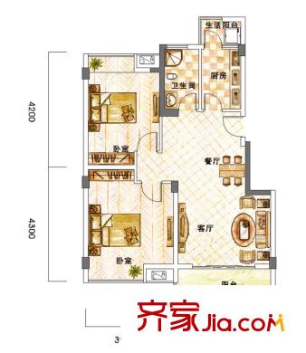 蝸居一期1棟標(biāo)準(zhǔn)層B3戶型 2室1廳1衛(wèi)1廚