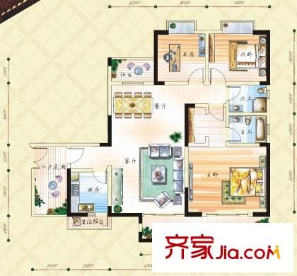 星星卡納灣畔一期2號樓標準層H2戶型 3室2廳2衛(wèi)1廚