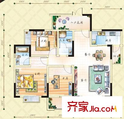 星星卡納灣畔一期1號樓E1戶型（偶數(shù)層） 3室2廳2衛(wèi)1廚