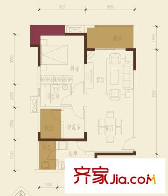 保利新天地1期4、5、14棟標準層B1戶型（售罄） 2室2廳1衛(wèi)1廚