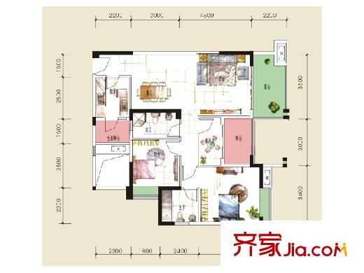 金海岸天府花園水城二期69、70棟E1奇數(shù)層戶型 2室2廳2衛(wèi)1廚