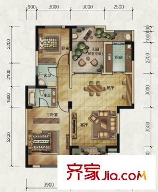 英酈莊園一期5號(hào)樓D7戶型三層 2室2廳2衛(wèi)1廚