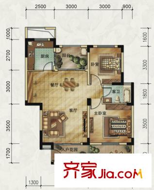 英酈莊園一期10棟E2戶型六層 2室2廳1衛(wèi)1廚