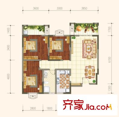 蓉城勝景二期10、11號樓標準層D4戶型 3室2廳1衛(wèi)1廚