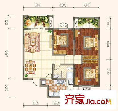 蓉城勝景二期10、11號樓標準層B4戶型 3室2廳1衛(wèi)1廚