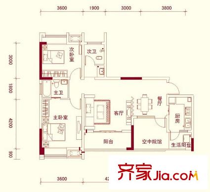 龍騰嘉園二期2-5號(hào)樓標(biāo)準(zhǔn)層B2戶型圖 2室2廳2衛(wèi)1廚