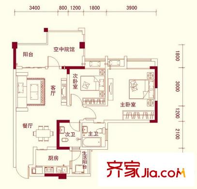 龍騰嘉園一期1、6號(hào)樓標(biāo)準(zhǔn)層A3戶型圖（售罄） 2室2廳2衛(wèi)1廚