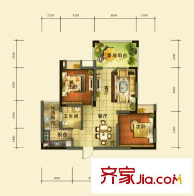 德坤海地亞一期13號樓標準層C1戶型 2室2廳1衛(wèi)1廚