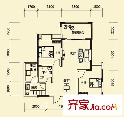 德坤海地亞一期10號樓標準層D1戶型 2室2廳1衛(wèi)1廚