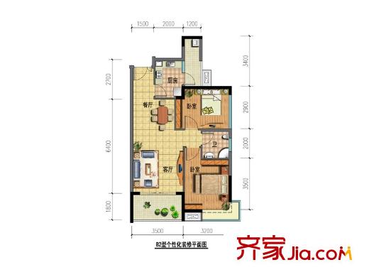 青南美灣4、5、6棟標(biāo)準(zhǔn)層B2戶型  2室2廳1衛(wèi)1廚