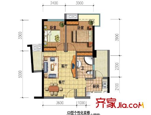 青南美灣一期1、2、3棟標(biāo)準(zhǔn)層C3戶型 （售罄） 2室1廳1衛(wèi)1廚
