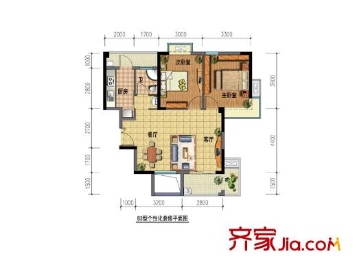 青南美灣4、5、6棟標(biāo)準(zhǔn)層B3戶型  2室2廳1衛(wèi)1廚