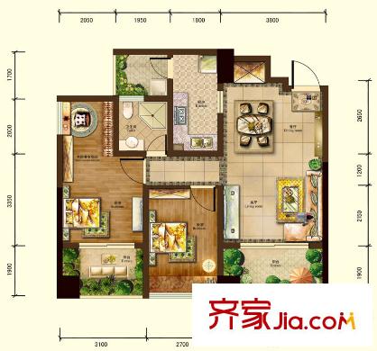 銀杏廣場一期2號樓標準層A戶型 2室2廳1衛(wèi)1廚