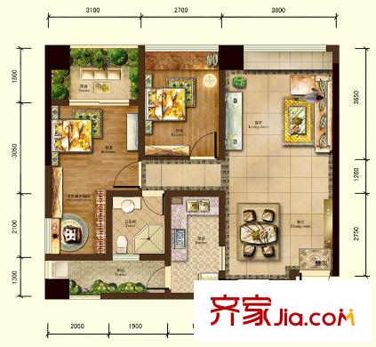 銀杏廣場一期2號樓標準層B戶型 2室2廳1衛(wèi)1廚