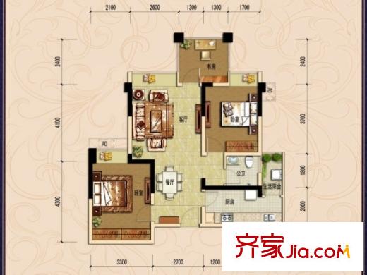 歌德堡1號(hào)樓標(biāo)準(zhǔn)層B1戶型 3室2廳1衛(wèi)1廚