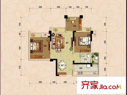 歌德堡1號(hào)樓標(biāo)準(zhǔn)層B2戶型 3室2廳1衛(wèi)1廚