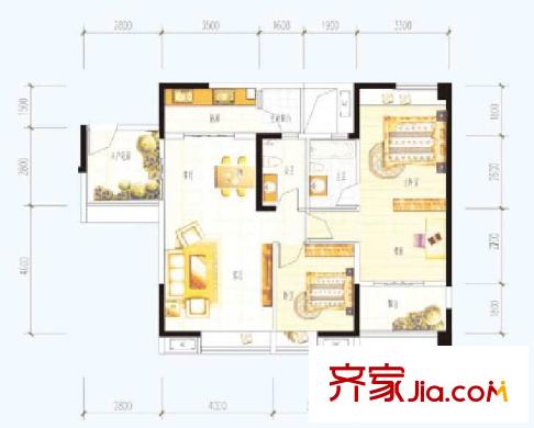 金海岸星月灣2號樓B型綠意三居 2室2廳2衛(wèi)