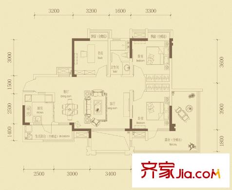 金都華府1、2號(hào)樓標(biāo)準(zhǔn)層C-3-2戶型（售罄） 3室2廳1衛(wèi)1廚