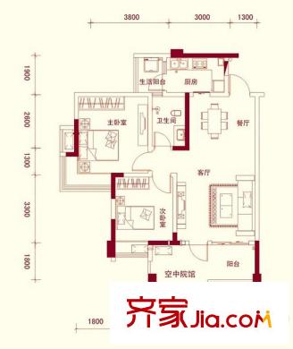 龍騰嘉園二期2-5號(hào)樓標(biāo)準(zhǔn)層B3戶型圖（售罄） 2室2廳1衛(wèi)1廚