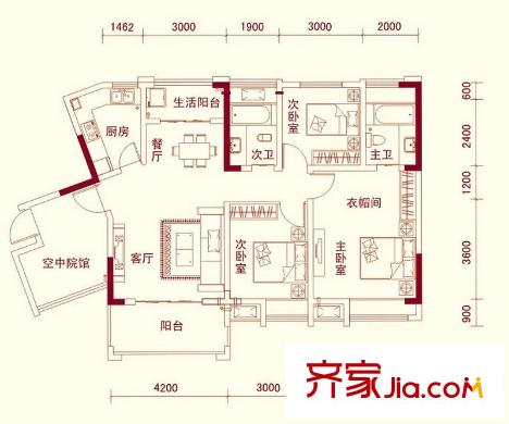 龍騰嘉園一期1、6號(hào)樓標(biāo)準(zhǔn)層A1戶型圖（售罄） 3室2廳2衛(wèi)1廚