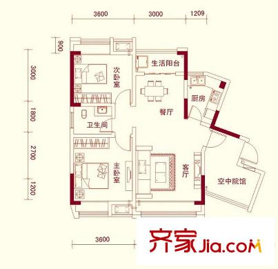 龍騰嘉園一期1、6號(hào)樓標(biāo)準(zhǔn)層A2戶型圖（售罄） 2室2廳1衛(wèi)1廚