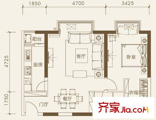融城云熙1期2號(hào)樓7-25層B-2戶型 1室2廳1衛(wèi)1廚