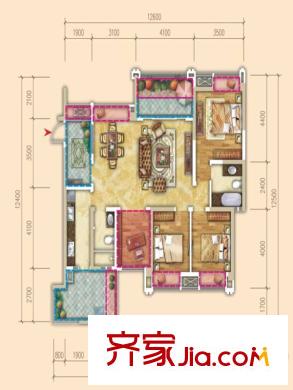 天府美岸一期1號樓標準層A2戶型 4室2廳2衛(wèi)1廚