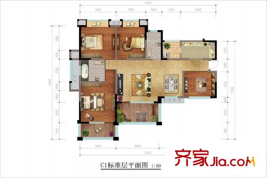 天府美岸1、5棟標準層C1戶型圖 4室2廳2衛(wèi)1廚