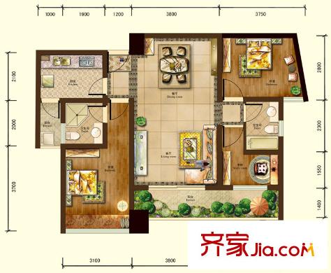 銀杏廣場一期2號樓標準層D戶型 3室2廳2衛(wèi)1廚