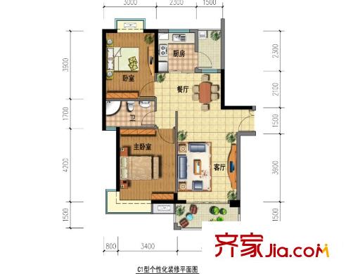 青南美灣一期1、2、3棟標(biāo)準(zhǔn)層C1戶型 （售罄） 2室2廳1衛(wèi)1廚