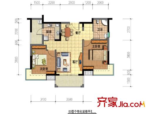 青南美灣一期1、2、3棟標(biāo)準(zhǔn)層D3戶型  2室2廳1衛(wèi)1廚