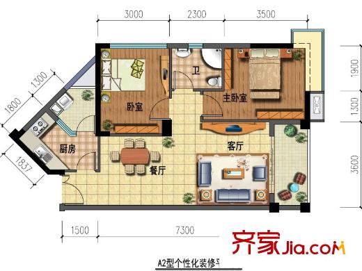 青南美灣一期1、2、3棟標(biāo)準(zhǔn)層A2戶型（售罄） 2室2廳1衛(wèi)1廚
