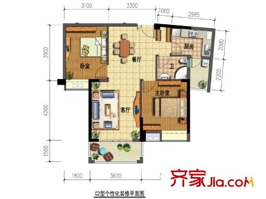青南美灣一期1、2、3棟標(biāo)準(zhǔn)層C2戶型 （售罄） 2室2廳1衛(wèi)1廚