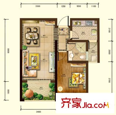銀杏廣場一期2號樓標準層C戶型 1室2廳1衛(wèi)1廚