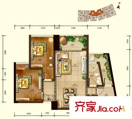 銀杏廣場一期2號樓標準層E戶型 2室2廳1衛(wèi)1廚