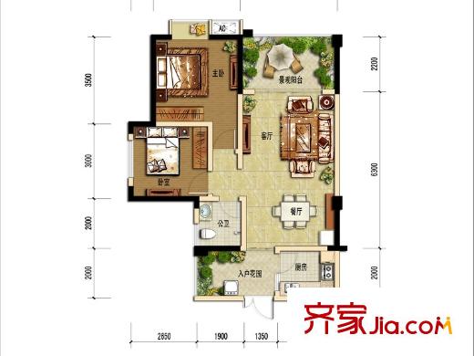 歌德堡2號(hào)樓標(biāo)準(zhǔn)層A1戶型 2室2廳1衛(wèi)1廚
