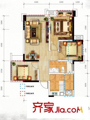 時代睿城一期1、4-6、8棟標準層A1戶型 3室2廳1衛(wèi)1廚