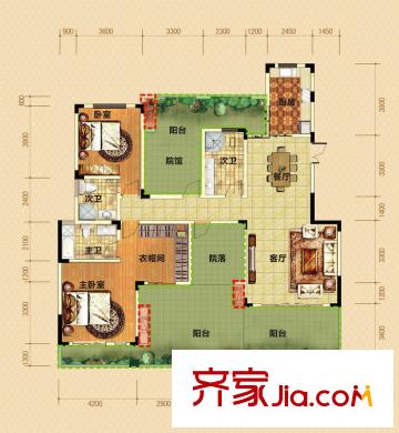 香博城一期二批次12號樓標準層B-2戶型 4室2廳3衛(wèi)1廚