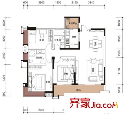保利貝森公館一期2-5號樓標(biāo)準(zhǔn)層2-B戶型 3室2廳2衛(wèi)1廚