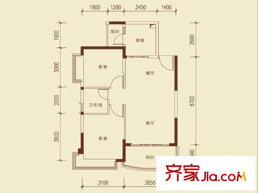 恒大城四期四期1、2、3、4號樓標準層04戶型 2室2廳1衛(wèi)1廚
