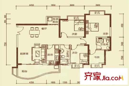 恒大城四期4期59-61棟標準層04戶型 2室2廳2衛(wèi)1廚