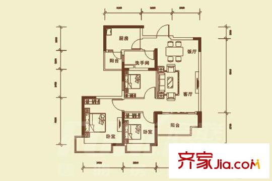 恒大城四期62-65棟標準層03戶型 3室2廳1衛(wèi)1廚
