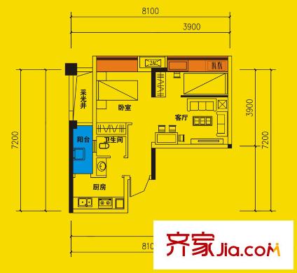 友盛幸福居一期1、2號(hào)樓標(biāo)準(zhǔn)層B戶型 1室1廳1衛(wèi)1廚