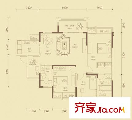 金都華府4號(hào)樓標(biāo)準(zhǔn)層B-2戶型 3室2廳2衛(wèi)1廚