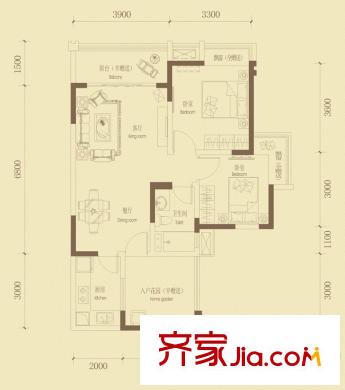 金都華府1、2號(hào)樓標(biāo)準(zhǔn)層C1戶型 2室2廳1衛(wèi)1廚