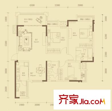 金都華府3號(hào)樓標(biāo)準(zhǔn)層A-1戶型（售罄） 3室2廳2衛(wèi)1廚