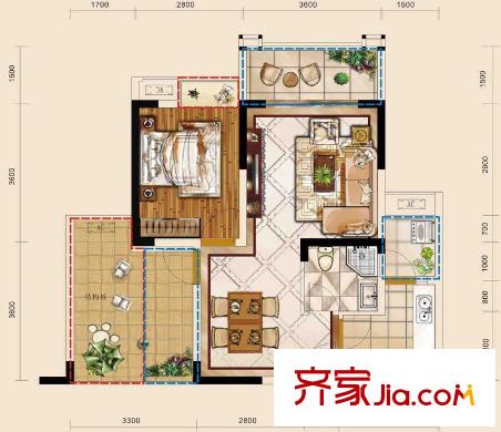 觀瀾國(guó)際二號(hào)樓標(biāo)準(zhǔn)層D2戶型 2室2廳1衛(wèi)1廚