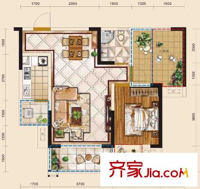 觀瀾國(guó)際二號(hào)樓標(biāo)準(zhǔn)層D4戶型 2室2廳1衛(wèi)1廚