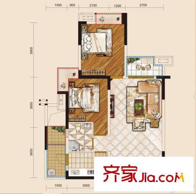 觀瀾國(guó)際二期1號(hào)樓標(biāo)準(zhǔn)層B1戶型 2室2廳1衛(wèi)1廚