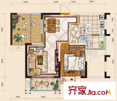 觀瀾國(guó)際二號(hào)樓標(biāo)準(zhǔn)層D3戶型 2室2廳1衛(wèi)1廚